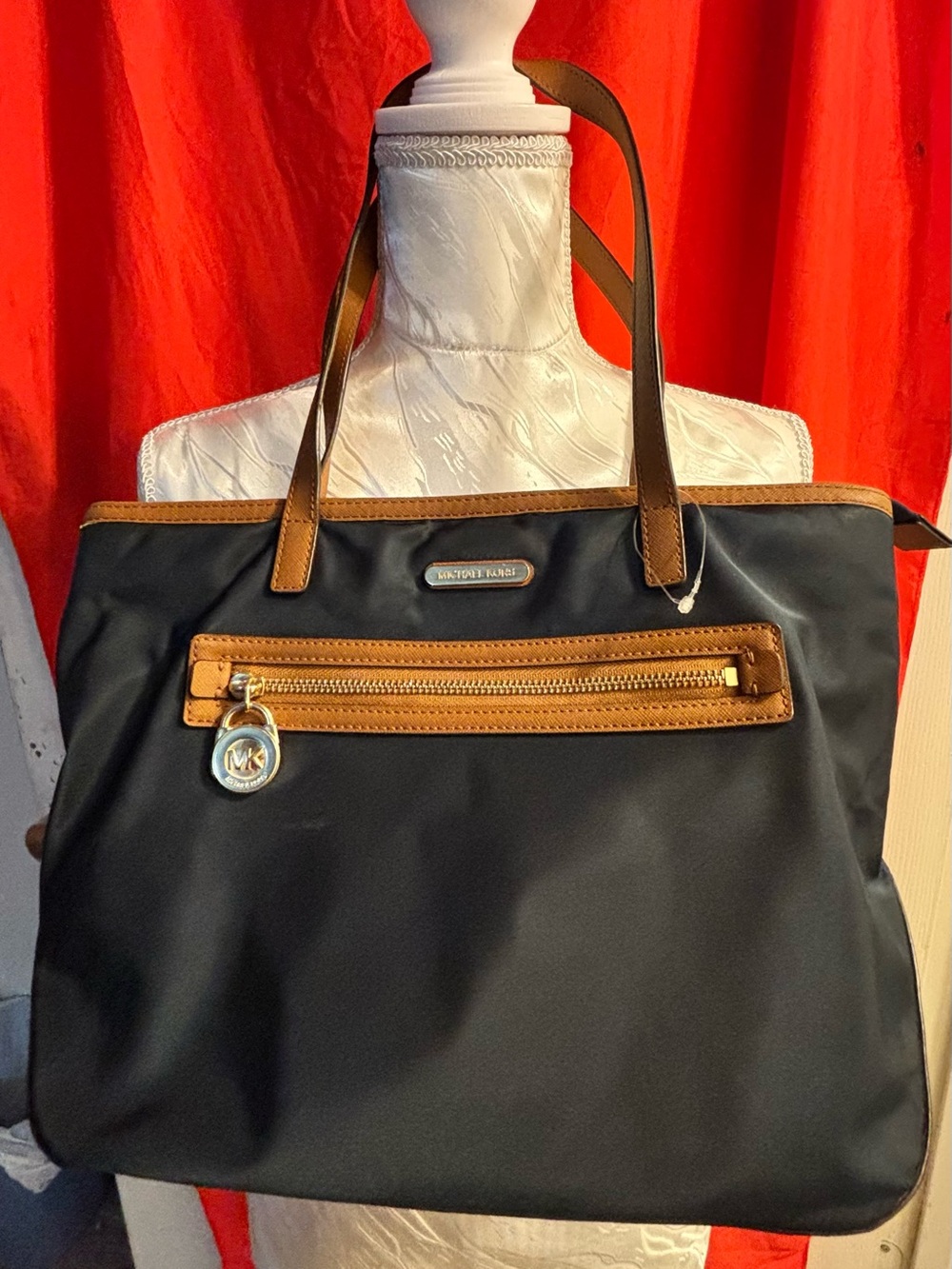 Michael Kors Navy Blue Tote with Brown Trim and Gold Hardware